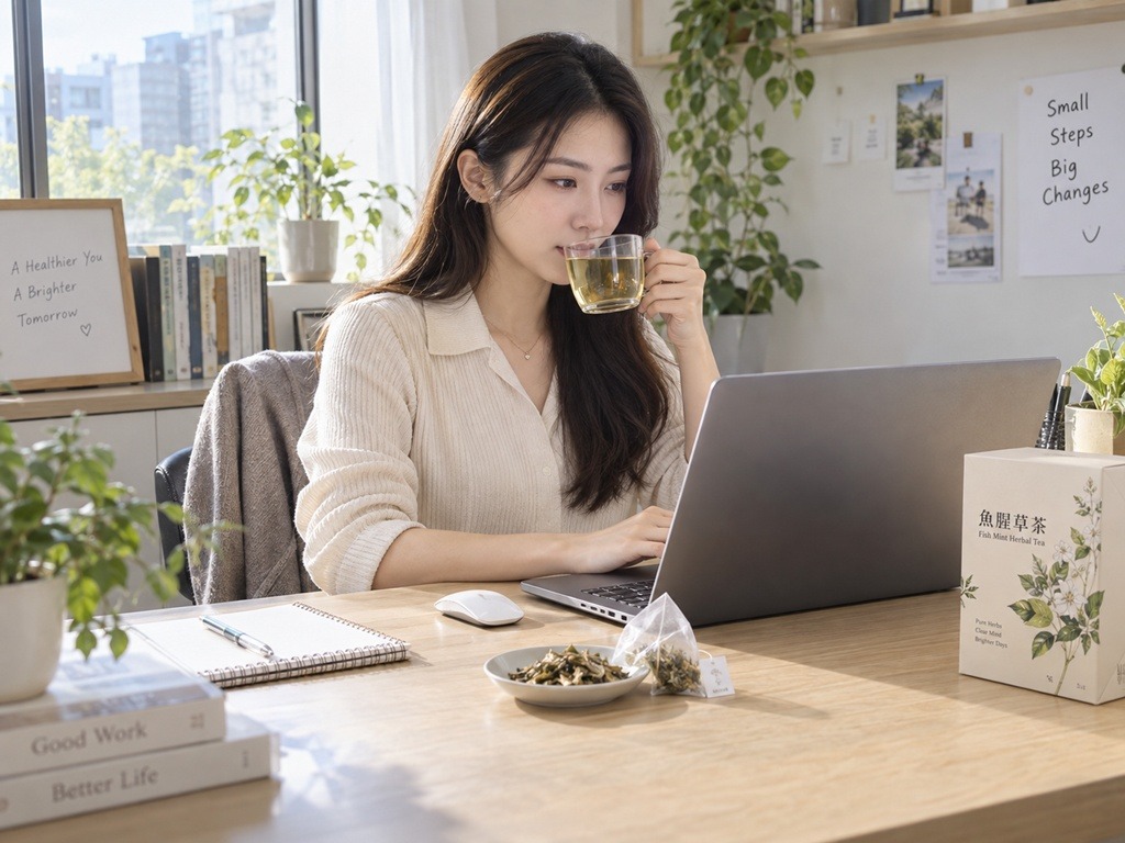 上班族女生在電腦前飲用魚腥草茶
