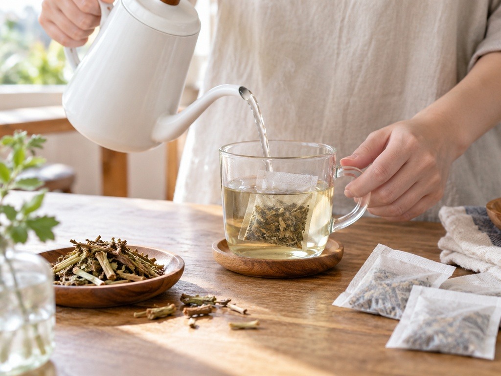 魚腥草茶回沖與清爽茶湯示意